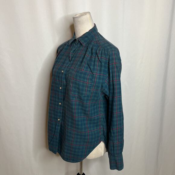 Mark Henri Vintage 60s Plaid Button Up Shirt Ruched Yoke Green Women's 10 Retro - Picture 9 of 9